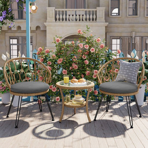 Oehome Outdoor Leisure Set 2 Rattan Single <b>Chairs</b> with Glass Round <b>Table</b> <b>Foldable</b> & Portable Eco-Friendly 5-Year Warranty - Product Image 1