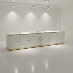 Nouveauté Meuble <span class=keywords><strong>TV</strong></span> moderne avec base en acier doré, cadre en bois blanc et plateau en pierre frittée pour salon, atelier - Product Image 3