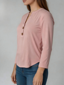 Blusa de Popelina de Algodón Rosa para Mujer, Manga Tres Cuartos, Cuello en V, Abotonada, Color Sólido, Corte Regular, Informal - Product Image 2