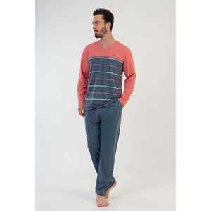 <b>Men's</b> Coral <b>Pajama</b> <b>Set</b> 100% Cotton Knitted Long Sleeve Sleepwear Plus Size - Product Image 5