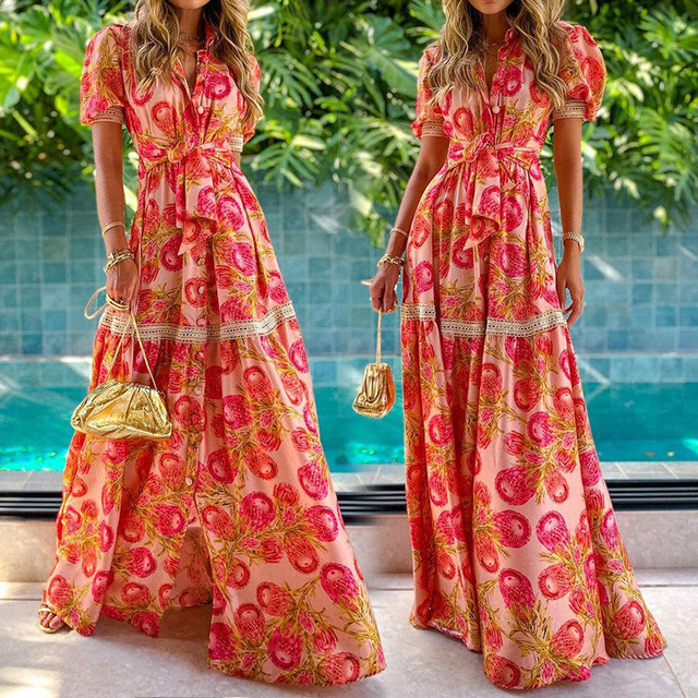 Summer Floral Dress Women Beach Dress Print Elegant Loose 2025 Women's Casual Colorful Maxi Summer Cotton Natural OEM Service