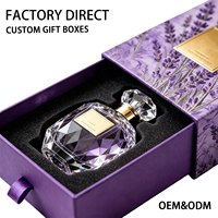 Boîte rigide personnalisée violette avec tiroir, thème floral, insert en éponge, logo estampé à chaud en couleur or, emballage pour coffret de parfum, fabrication en usine