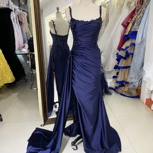 2025 baru manik-manik seksi tali satin grosir elegan gaun panjang navy gaun malam untuk gaun prom gadis