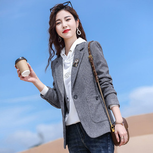 Houndstooth Blazer Women Grey Reddish Brown Lattice Polyester Fiber Anti Wrinkle Short Casual Spring Autumn Fit Petite Figures - Product Image 2