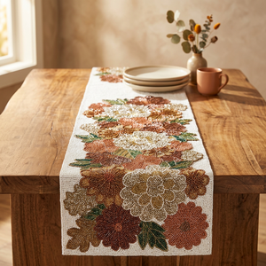 Embroidered Floral Table <b>Runner</b> Cotton Rustic Home Decor Beaded Pattern <b>Washable</b> - Product Image 4