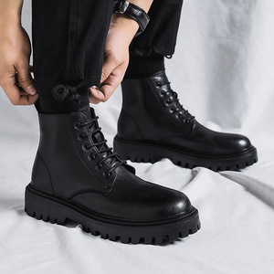 Bottes en cuir les plus vendues, bottes montantes pour hommes, style britannique printemps-automne, chaussures en cuir mi-montantes rétro, bottes noires rehaussantes - Product Image 1