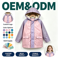 Imperméable pour filles bicolore rose en PU, veste à capuche résistante aux intempéries avec poches à bouton-pression, idéal pour les jeux en extérieur, logo personnalisé, OEM, vêtements d'extérieur
