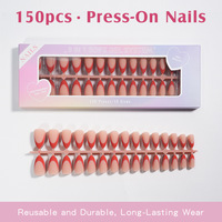 150 faux ongles courts en amande à presser, 5 couleurs, classiques, style French Manucure, nude marron, réutilisables, en gel, 15 tailles, en boîte