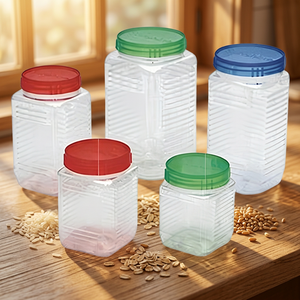 Bocaux de rangement carrés en plastique PET transparent NDURO de 200 ml avec couvercle à clipser, sérigraphiés pour les produits alimentaires - Noix, bonbons et sucre - Product Image 3