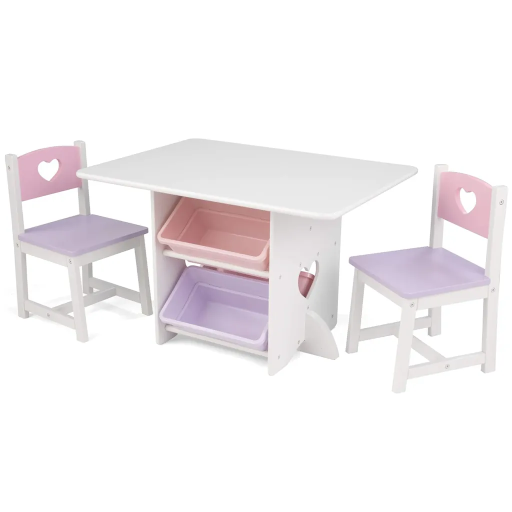 4 भंडारण डिब्बे के साथ मोंटेसरी लकड़ी की मेज और कुर्सी सेट, बच्चों का फर्नीचर गुलाबी बैंगनी और सफेद