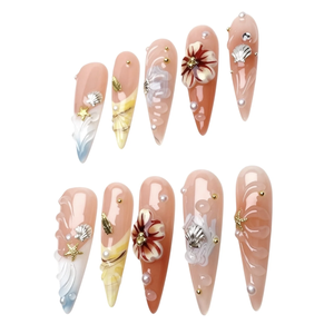Ongles Press-on Faits Main 10 Pièces Personnalisables Longs Stiletto Blanc Laiteux Océan Aurore Ondulations Coquillages 3D Perles Luxe Gel - Product Image 5