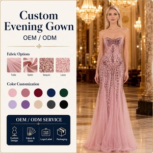 Robe <span class=keywords><strong>de</strong></span> soirée rose perlée, sans bretelles, coupe <span class=keywords><strong>sirène</strong></span>, en tulle, longueur au sol, robe <span class=keywords><strong>de</strong></span> gala OEM - Product Image 1