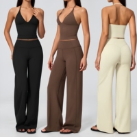 ARCHNANO Ensemble de yoga 2 pièces pour femme, pantalon large et haut court dos nu en V profond, tenue de sport, gym, fitness, pilates, logo personnalisé