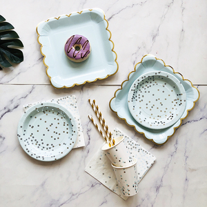 Lot de vaisselle <span class=keywords><strong>jetable</strong></span> nouveau Style, ensemble d'assiettes en papier <span class=keywords><strong>bleu</strong></span>, serviettes, tasses à points argentés pour décorations de fête d'anniversaire et de mariage 44 pièces - Product Image 1