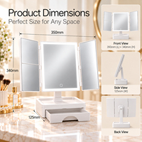 Cermin Rias Lipat Tiga 3 Sisi Kaca Bebas Distorsi LED Cermin Makeup 1X 2X 3X Rotasi Ganda 360 Penyimpanan Organizer