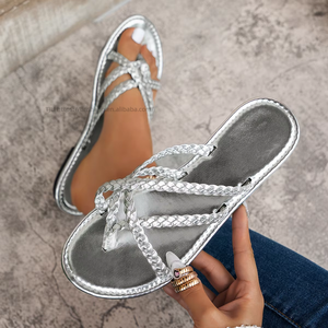 Factory Wholesale Women's Set <b>Toe</b> Flat Slippers Summer Woven Solid Color Fashion Comfortable Women - Product Image 3