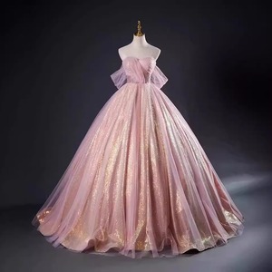 Tulle Ball Gown Strapless Empire Waist Pink Sparkle Evening Dress For Women Formal Events - Product Image 1