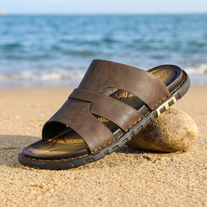 Trendy Handmade Leather <b>Slippers</b> <b>Summer</b> Casual Shoes Non-Slip Slip-On Simple Soft Sole Microfiber Men's Breach Sandals Solid - Product Image 1