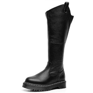 Black Knee-High <b>Boots</b> Genuine Leather Round Toe Flat Heel Anti-Slippery Rubber Outsole Slip-On Winter Solid Color Wholesale - Product Image 2