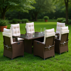 Brown Poly Rattan Garden Dining Set 6 Seater With <b>Backrest</b> Outdoor Furniture Contemporary Style - Product Image 2