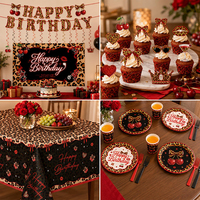 Kit de Décoration d'Anniversaire 208 Pièces Imprimé Guépard Rouge, Thème Léopard, Vaisselle, Ballons, Bannière, Toile de Fond et Nappe