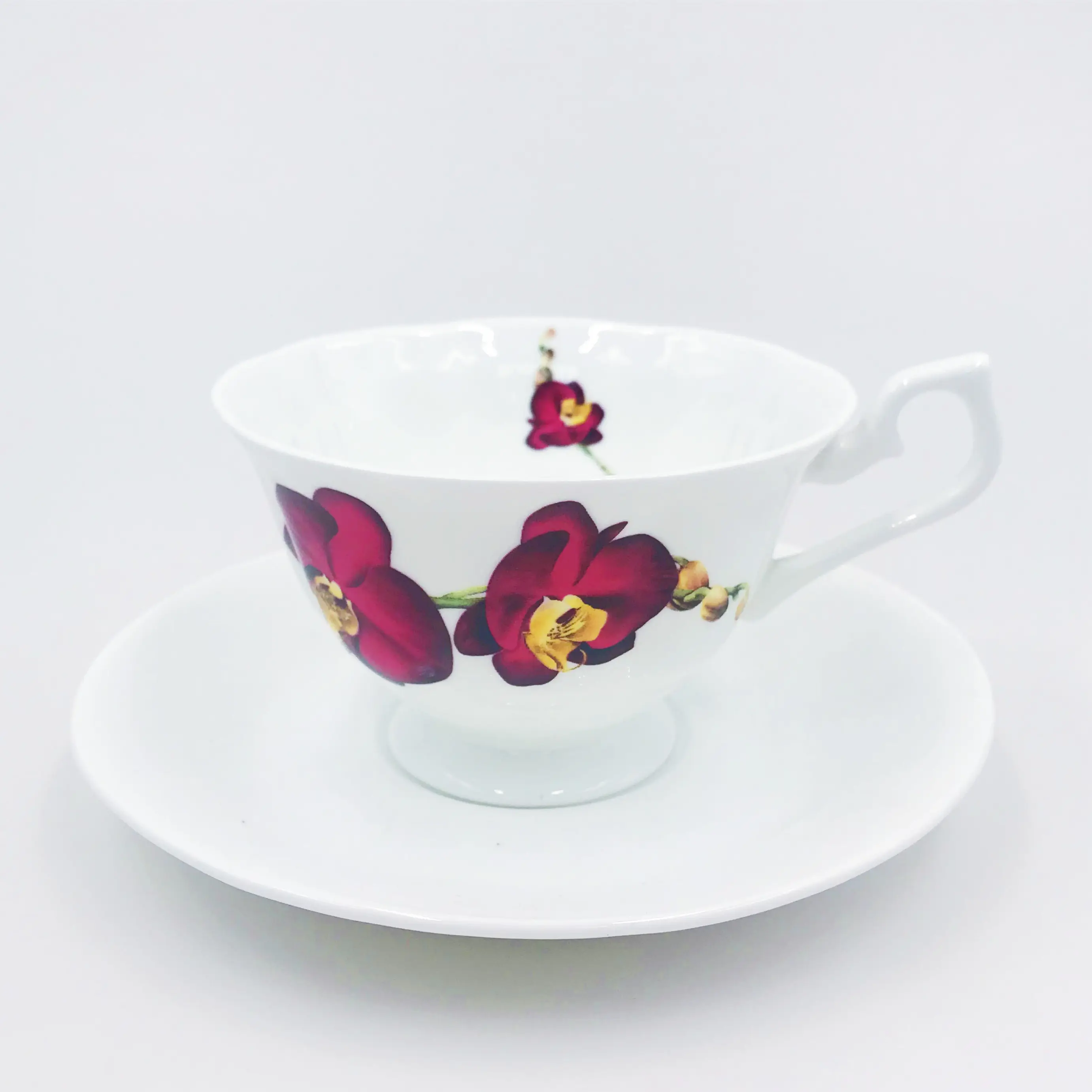 British afternoon tea cup set pure white embossed flower-shaped bone china coffee mug and saucer