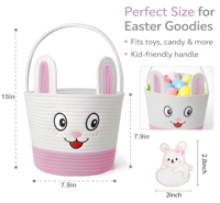 Panier de Pâques multifonctionnel en corde de coton écologique avec poignée et étiquette nominative, motif petit lapin de dessin animé, collection 2026, offre spéciale
