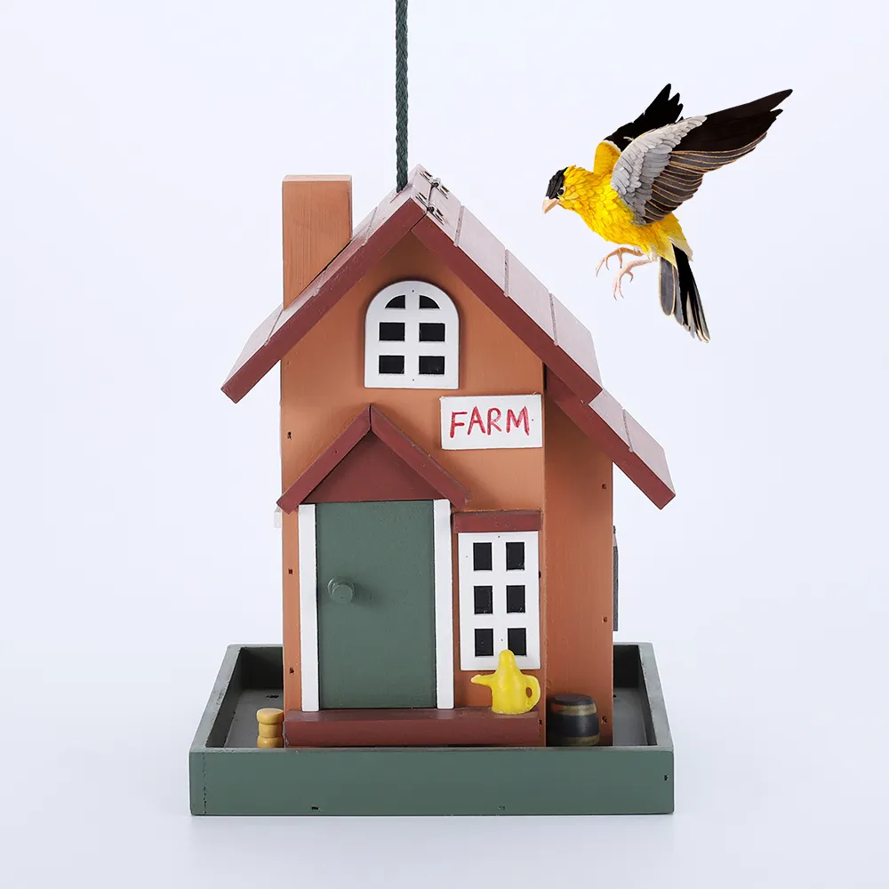 Casa de pássaro de madeira, venda quente ao ar livre, colorida, casa de pássaro de jardim com corda