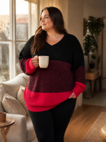 Pull en tricot pour femme avec logo personnalisé, col en V, manches longues, color block, décontracté, mode hiver, polyester, usine OEM & ODM