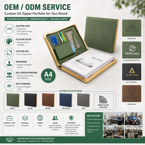 Portafolio de Cuero Sintético Premium A4 con Cierre, Carpeta con Anillas y Bolsillo de Malla para Teléfono en Verde para Reuniones de Negocios - Product Image 5