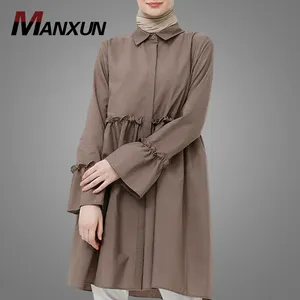 High Quality Stand Collar Muslim Tops For Women Fashion Flare Sleeves Front Button Blouse Arab Abaya Tunic