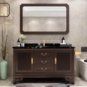 Meuble de salle de bain sur pied en bois massif, style chinois, avec comptoir en marbre de chêne et miroir intelligent. - Product Image 3