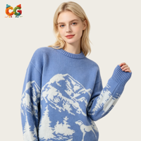 Pull en maille personnalisé avec logo CG pour femme, motif forêt d'hiver, col rond, jacquard pin, épaules tombantes, coupe ample – Fournisseur