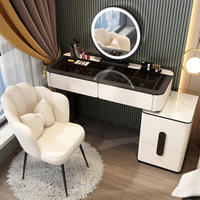Table de maquillage moderne en bois massif de luxe léger avec miroir éclairé par LED et rangement pour chambre à coucher