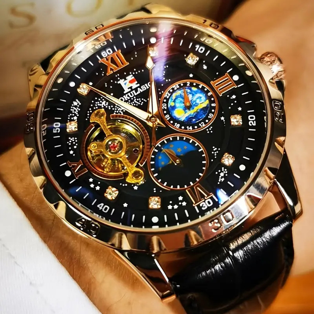 AOKULASIC Men Tourbillon Automatic Mechanical Watch Starry Sky Earth Moon Phase Dial Diamond Roman Numeral Business Wristwatch