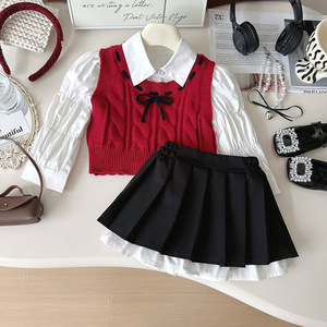 Girls Suits Spring and Autumn New Children's Shirt Knitted Vest Vest Pleated Skirt Three-piece Suit - Product Image 1