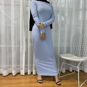 Gaun Maxi rajutan lengan panjang kualitas tinggi gaun Maxi elastis penuh Abaya Islamic Muslim Bodycon katun bergaris gaun rajut untuk musim gugur musim dingin
