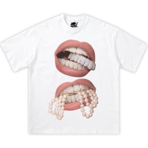 T-shirt Oversize Boxy con Grafica Double Pearls Grillz, Stile Streetwear Y2K, in Cotone Jersey per Bambini, Manica Corta, Girocollo, Stampa Frontale - Product Image 1