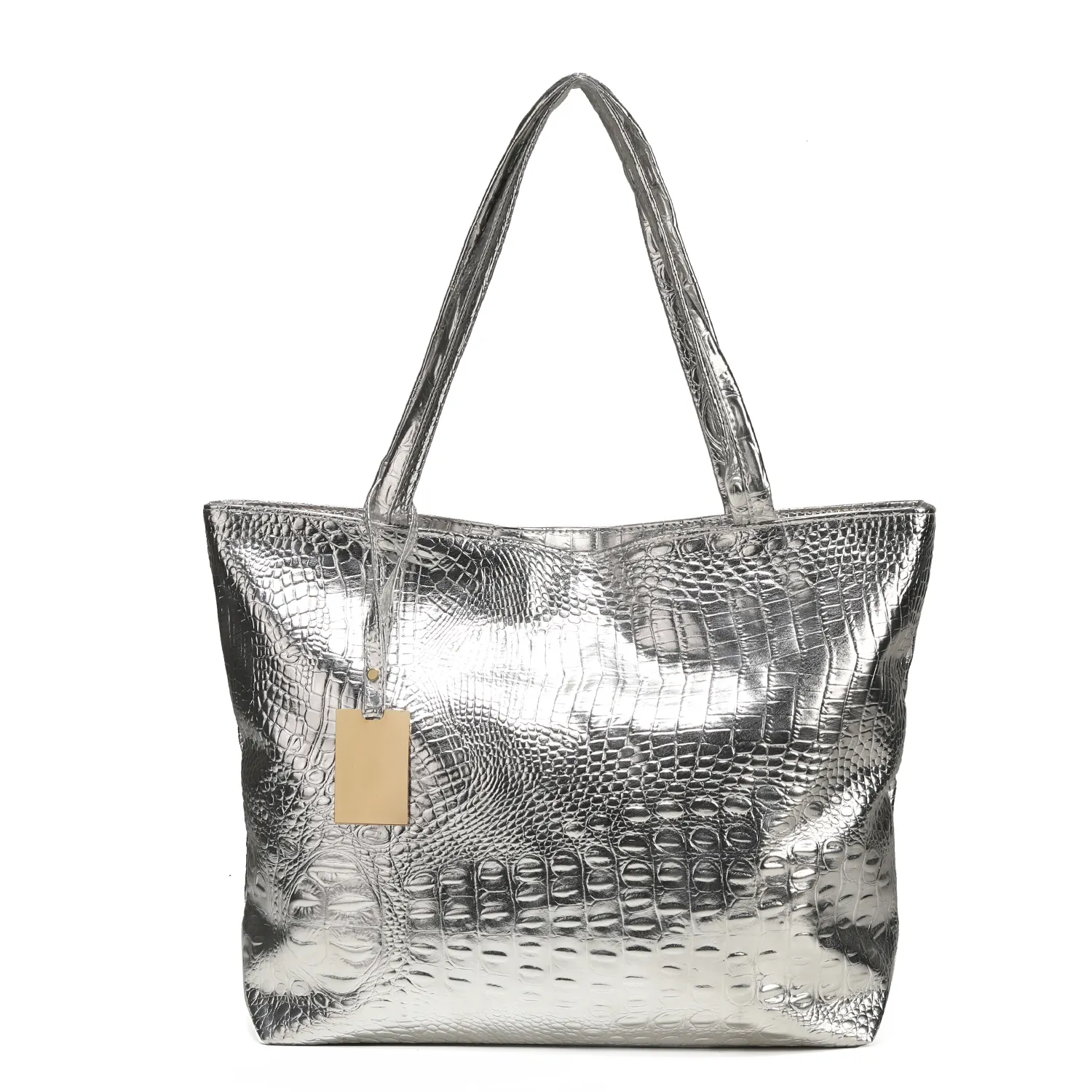 Metal Plate Tassel PU Handbag Women Fashion Black Metallic Gold Silver Crocodile Large Tote Bag Handbags Shoulder Bag