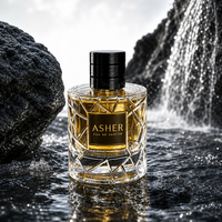 Flacon de parfum vide de luxe 50 ml en verre taillé géométrique, à facettes, côtelé, avec capuchon noir et base ronde lourde, avec boîte et logo personnalisé