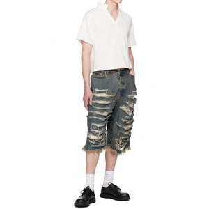 Pantalones Cortos de Mezclilla para Hombre, Estilo Urbano, Holgados, 100% Algodón, con Bordes Deshilachados, Desgastados y Rotos - Product Image 5