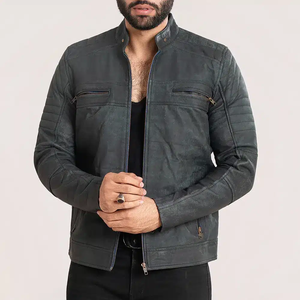 Chaqueta de Motociclista Informal de Cuero Genuino y Lona Transpirable Estilo Café Racer Gris para Hombre - Product Image 3