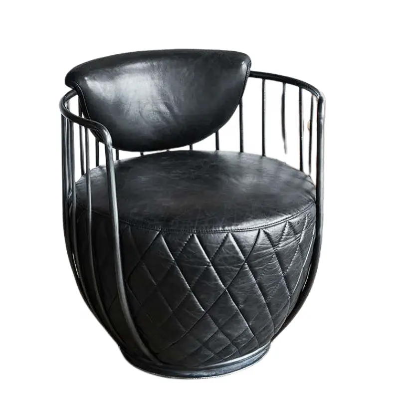 प्राचीन इनडोर फर्नीचर अवकाश काले चमड़े की कुर्सी होटल की लॉबी में सोफे कुर्सी के लिए धातु आयरन असली लेदर कुर्सी कमरे में रहने वाले