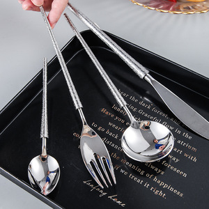 Stainless Steel Hammered Mirror Finish Steak Knife Fork Spoon Set Luxury Retro Western Style <b>Dinnerware</b> - Product Image 2