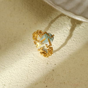 Bagues ouvertes réglables en acier inoxydable pour femmes avec pierre naturelle plaqué or 18 carats cadeau de fiançailles étanche - Product Image 5