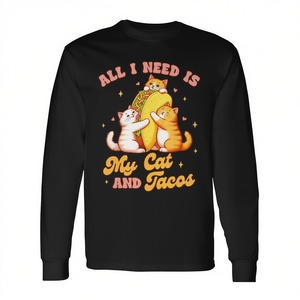 T-shirt a maniche lunghe con stampa digitale unisex girocollo per adulti con scritta 'All I Need Is My Cat And Tacos' - Product Image 2