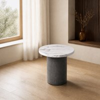 Table d'appoint ronde personnalisée avec plateau en marbre artificiel blanc et base finition ciment pour salons modernes et hôtels