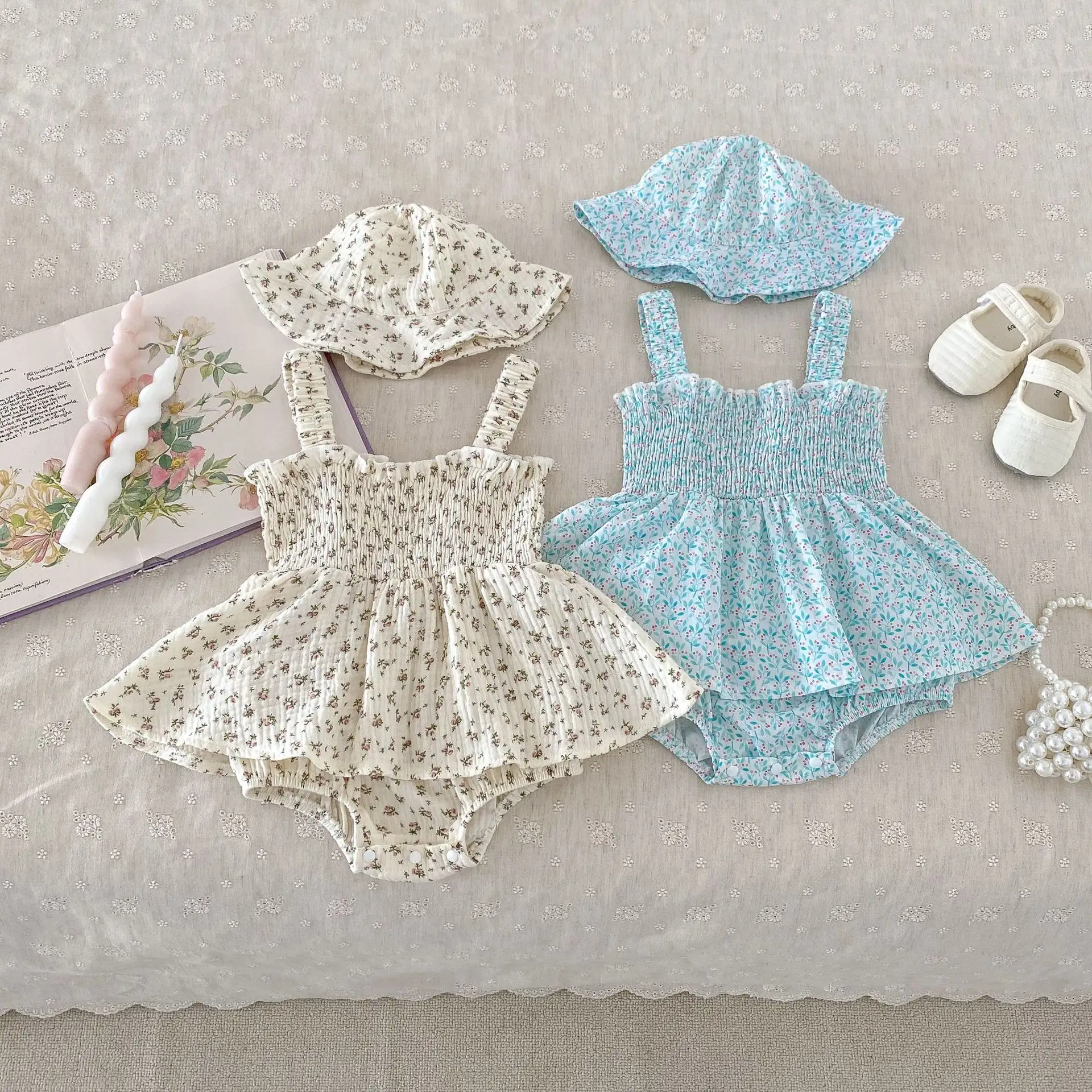 Yaz bebek tatlı askı Romper Ins yeni bebek kız çiçek Onesuit çocuk emekleme giysileri elbise giyen