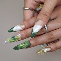 Ongles à presser en acrylique, forme amande, à talon moyen, motif fleur 3D et papillon en dentelle, vert forêt jaune printanier, vente en gros, personnalisables