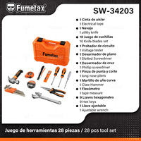 Ensemble d'outils électriques FUMETAX de 11 pièces comprenant un couteau à ruban, un testeur, des pinces, un marteau, des tournevis, une clé à molette, des clés hexagonales
